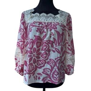 Zac & Rachel Boho Floral Lace Crochet Peasant Blouse Magenta Pink White Medium